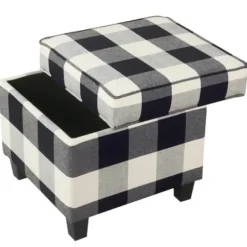 Benches & Ottomans-Kirkland's Home Cream Buffalo Plaid Upholstered Storage Ottoman Black/White