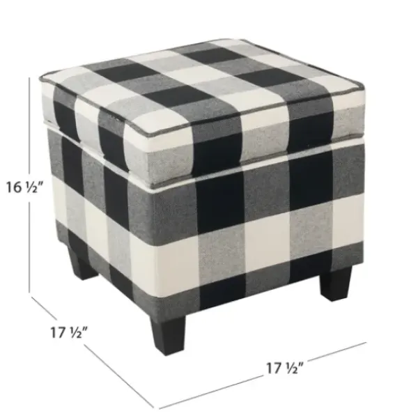 Benches & Ottomans-Kirkland's Home Cream Buffalo Plaid Upholstered Storage Ottoman Black/White