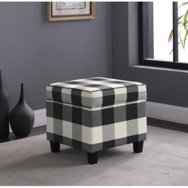 Benches & Ottomans-Kirkland's Home Cream Buffalo Plaid Upholstered Storage Ottoman Black/White