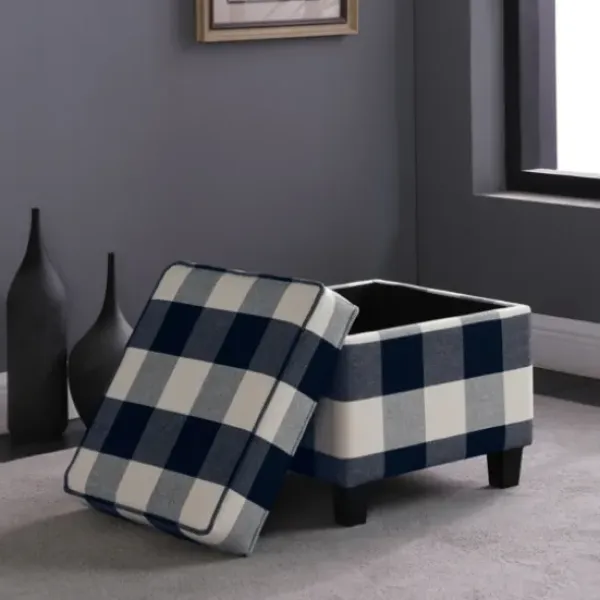 Benches & Ottomans-Kirkland's Home Cream Buffalo Plaid Upholstered Storage Ottoman Black/White