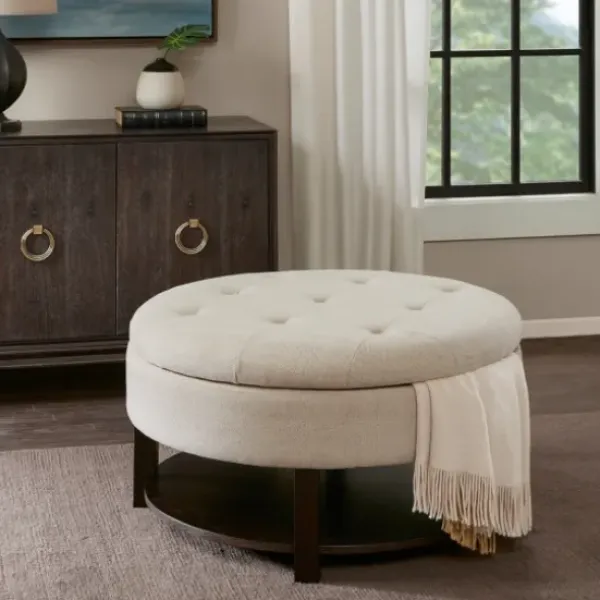 Benches & Ottomans-Kirkland's Home Cream Button Tufted Storage Ottoman Ivory