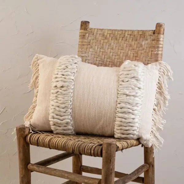 Pillows-Kirkland's Home Cream Hand Woven Fringe Ends Lumbar Pillow Ivory