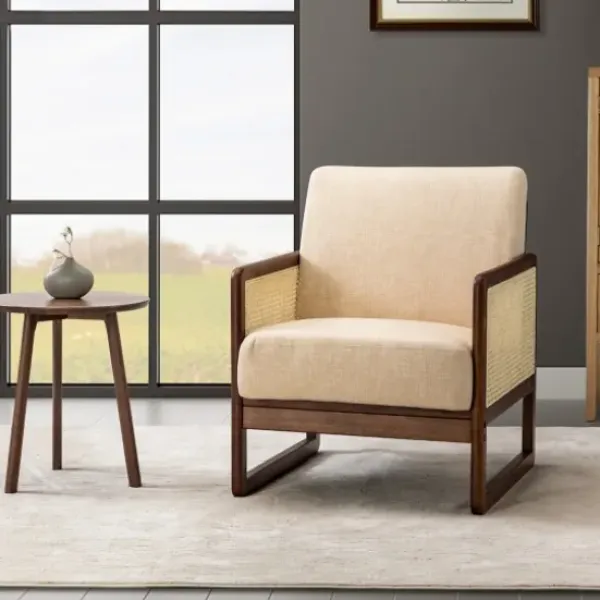 Accent Chairs-Kirkland's Home Cream Mahogany Finish Cane Panel Accent Chair White