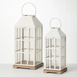Lanterns-Kirkland's Home Cream Metal Paned Wood Base Lanterns, Set Of 2 Ivory