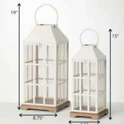 Lanterns-Kirkland's Home Cream Metal Paned Wood Base Lanterns, Set Of 2 Ivory