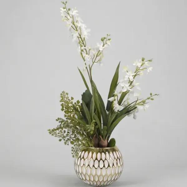 Arrangements & Greenery-Kirkland's Home Cream Orchids Arrangement In Gold Planter Green/Gold/White