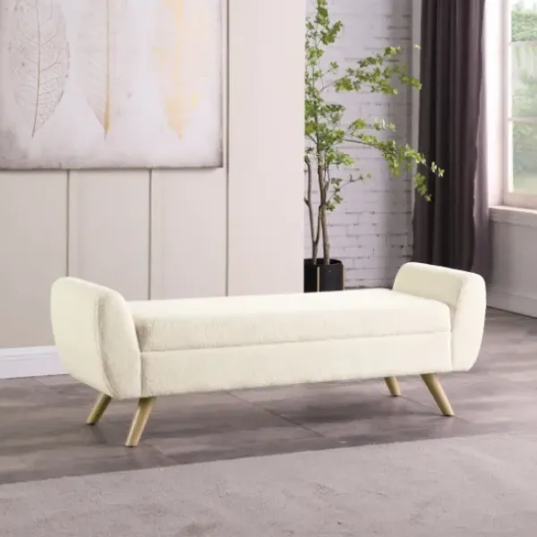 Benches & Ottomans-Kirkland's Home Cream Sherpa And Wood Storage Bench Ivory