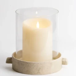 Candle Holders-Kirkland's Home Cream Textured Base Hurricane, 9 In. Tan