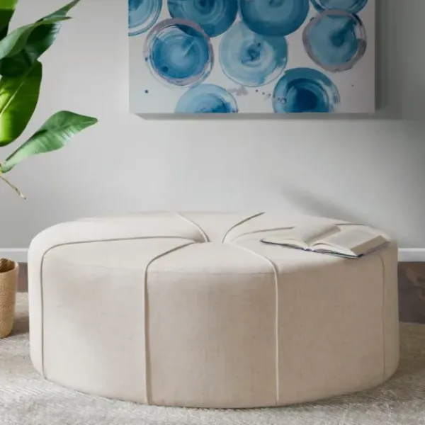 Benches & Ottomans-Kirkland's Home Cream Thick Welting Center Button Oval Ottoman Ivory