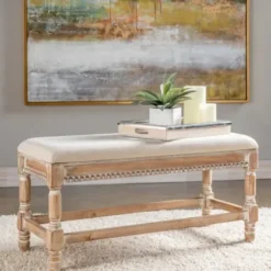 Benches & Ottomans-Kirkland's Home Cream Upholstered And Wooden Bench Ivory