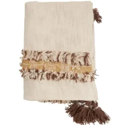 Blankets & Throws-Kirkland's Home Cream With Brown Accents Throw Blanket Ivory