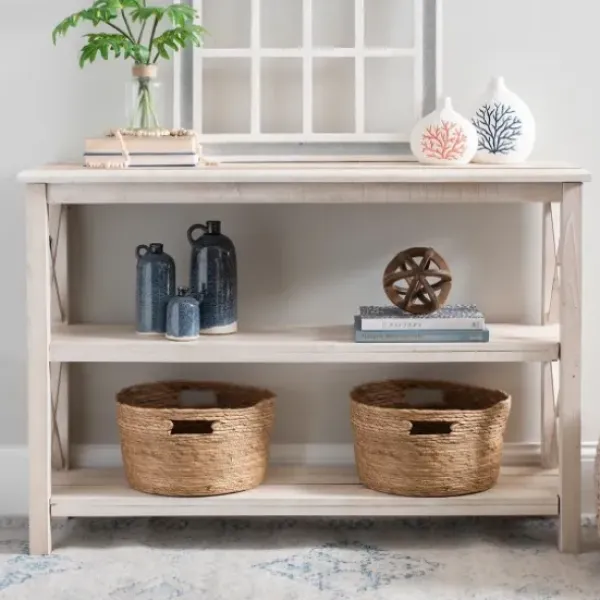 Entryway Furniture-Kirkland's Home Cream Wooden Plank X-Frame Console Table Ivory