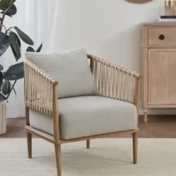 Accent Chairs-Kirkland's Home Curved Wood And Jute Rope Accent Chair Gray