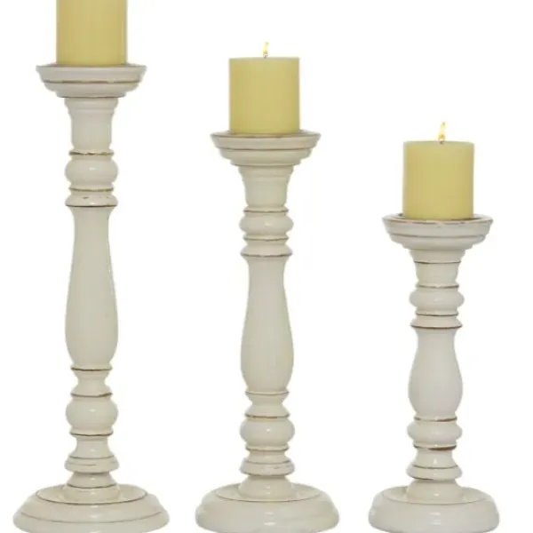 Candle Holders-Kirkland's Home Daisy White Rustic 3-Pc. Candle Holder Set White/Brown