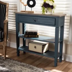 Console Tables-Kirkland's Home Daphne Blue Bayur Wood Two-Shelf Console Table