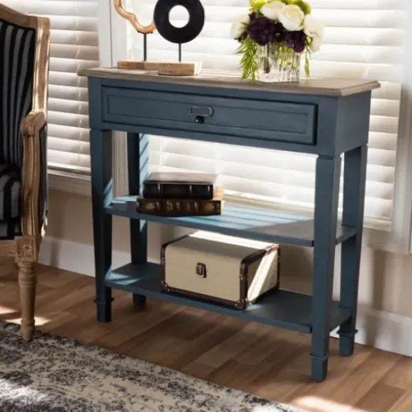 Console Tables-Kirkland's Home Daphne Blue Bayur Wood Two-Shelf Console Table