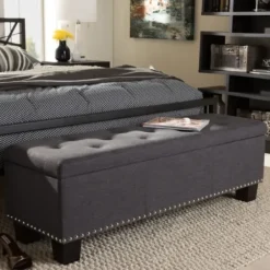 Entryway Furniture-Kirkland's Home Dark Button-Tufted Upholstered Storage Bench Gray