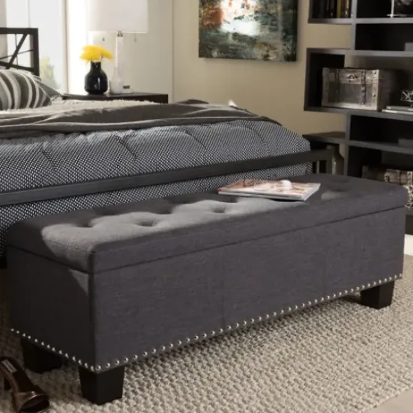 Entryway Furniture-Kirkland's Home Dark Button-Tufted Upholstered Storage Bench Gray