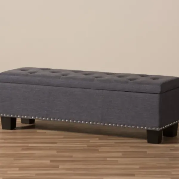 Entryway Furniture-Kirkland's Home Dark Button-Tufted Upholstered Storage Bench Gray