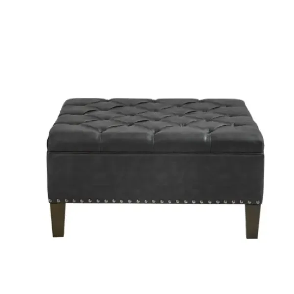 Benches & Ottomans-Kirkland's Home Dark Espresso Button Tufted Leather Ottoman Brown