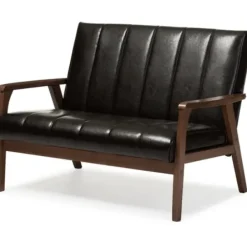 Sofas & Loveseats-Kirkland's Home Dark Faux Leather Channel Loveseat, 45 In. Brown