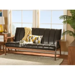 Sofas & Loveseats-Kirkland's Home Dark Faux Leather Channel Sofa, 63 In. Brown