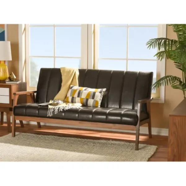 Sofas & Loveseats-Kirkland's Home Dark Faux Leather Channel Sofa, 63 In. Brown