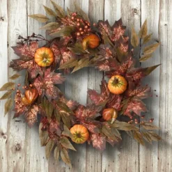 Wreaths-Kirkland's Home Dark Ivy And Oak Foliage With Pumpkins Wreath Brown/Orange