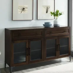 Cabinets & Sideboards-Kirkland's Home Dark Oak Fluted Glass Sideboard Cabinet Brown