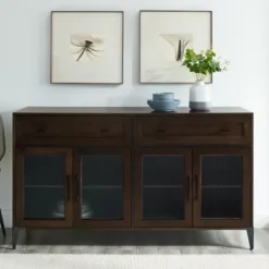 Cabinets & Sideboards-Kirkland's Home Dark Oak Fluted Glass Sideboard Cabinet Brown