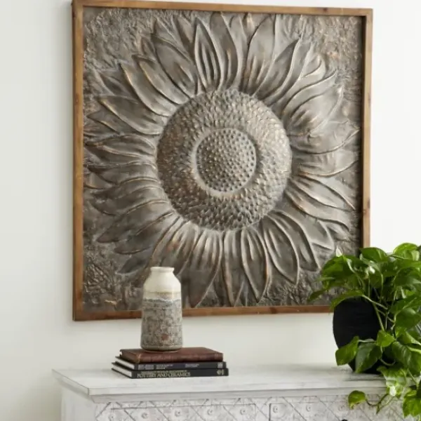 Wall Plaques-Kirkland's Home Dark Silver Metal Sunburst Wood Frame Wall Plaque Gray
