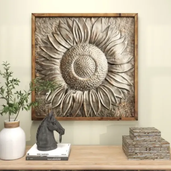Wall Plaques-Kirkland's Home Dark Silver Metal Sunburst Wood Frame Wall Plaque Gray