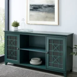 Cabinets & Sideboards-Kirkland's Home Dark Teal Fretwork 2-Door Sideboard Blue