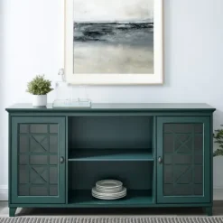 Cabinets & Sideboards-Kirkland's Home Dark Teal Fretwork 2-Door Sideboard Blue