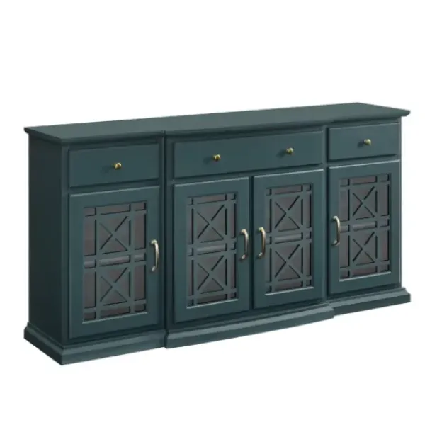 Cabinets & Sideboards-Kirkland's Home Dark Teal Tiered Fretwork Cabinet Blue