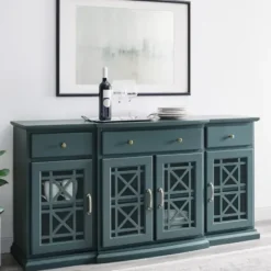 Cabinets & Sideboards-Kirkland's Home Dark Teal Tiered Fretwork Cabinet Blue