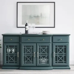 Cabinets & Sideboards-Kirkland's Home Dark Teal Tiered Fretwork Cabinet Blue