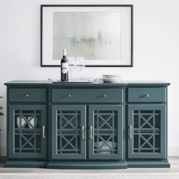 Cabinets & Sideboards-Kirkland's Home Dark Teal Tiered Fretwork Cabinet Blue