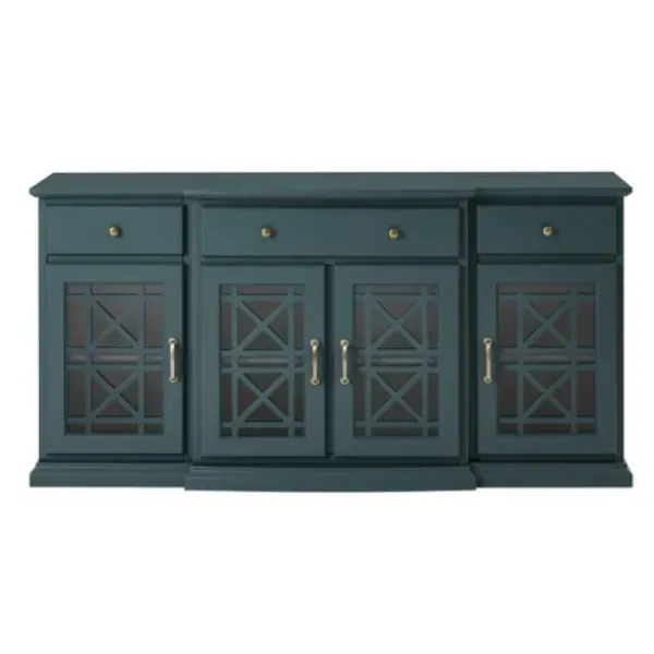 Cabinets & Sideboards-Kirkland's Home Dark Teal Tiered Fretwork Cabinet Blue