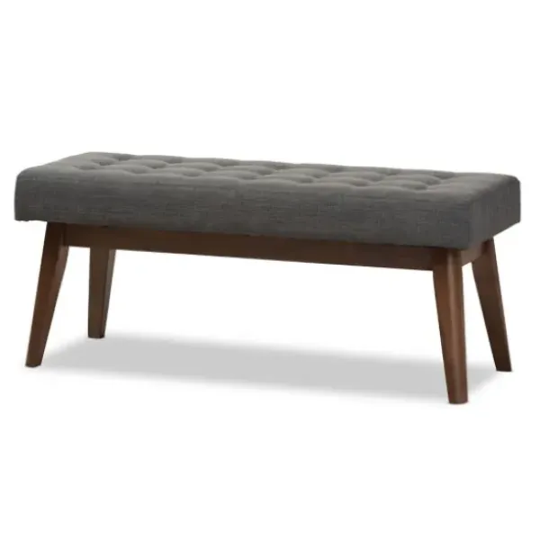 Benches & Ottomans-Kirkland's Home Dark Tufted Walnut Wood Bench Gray