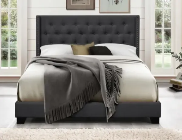 Beds & Headboards-Kirkland's Home Dark Upholstered Button Tufted Wing Queen Bed Gray