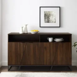 Cabinets & Sideboards-Kirkland's Home Dark Walnut Angled Door Wooden Sideboard Cabinet Brown