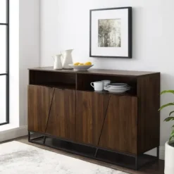 Cabinets & Sideboards-Kirkland's Home Dark Walnut Angled Door Wooden Sideboard Cabinet Brown