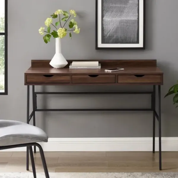 Office Furniture-Kirkland's Home Dark Walnut Angled 3-Drawer Desk