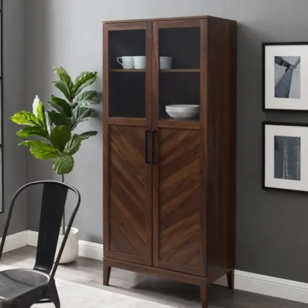 Cabinets & Sideboards-Kirkland's Home Dark Walnut Chevron Wooden Storage Cabinet Brown
