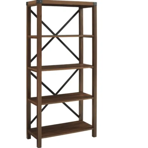 Bookshelves-Kirkland's Home Dark Walnut Farmhouse Metal Bookcase Brown