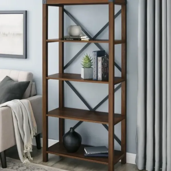 Bookshelves-Kirkland's Home Dark Walnut Farmhouse Metal Bookcase Brown