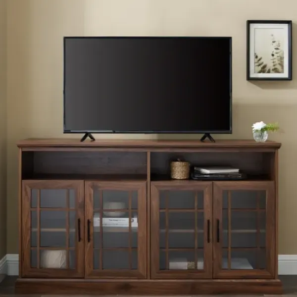Tv Stands & Media Consoles-Kirkland's Home Dark Walnut Glass Door Classic Tv Stand Brown