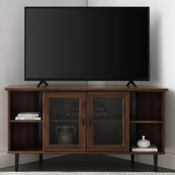 Tv Stands & Media Consoles-Kirkland's Home Dark Walnut Glass Door Corner Tv Stand Brown