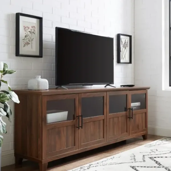 Tv Stands & Media Consoles-Kirkland's Home Dark Walnut Glass Paneled Door Tv Stand Brown